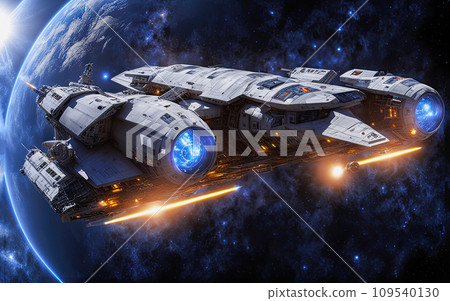 AI-generated content. Spaceship in space, with glow and lights, fantasy photo, beautiful planets, planet earth, planet sun. Deep space, solar system 109540130