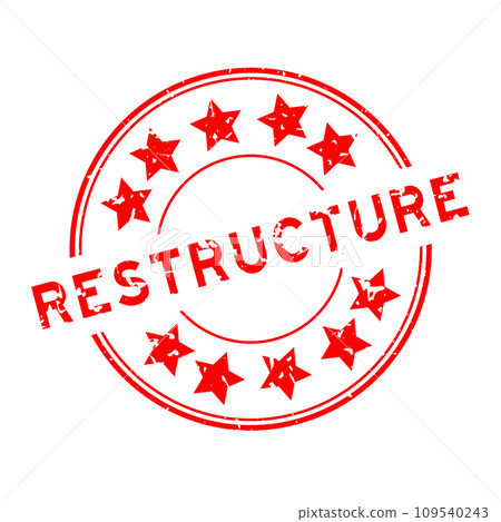 Grunge red restructure word with star icon round rubber seal stamp on white background 109540243