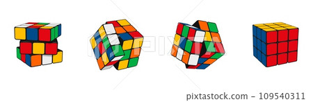 Rubik cube. Puzzle toy. Play mind game. Random combinations. Entertainment of difficult solved problems. Intelligence concept. Square shape. Intellectual riddle. Vector logic symbols set Rubik cube. Puzzle toy. Play mind game. Random combinations. Entertainment of difficult solved problems. Intelligence concept. Square shape. Intellectual riddle. Vector logic symbols set 109540311