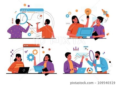 People signing contracts. Man with magnifier reading business document. Agreement audit. Woman analyzing project infographics. Mistakes and fraud search. Papers revision. Vector concept People signing contracts. Man with magnifier reading business document. Agreement audit. Woman analyzing project infographics. Mistakes and fraud search. Papers revision. Vector concept 109540319