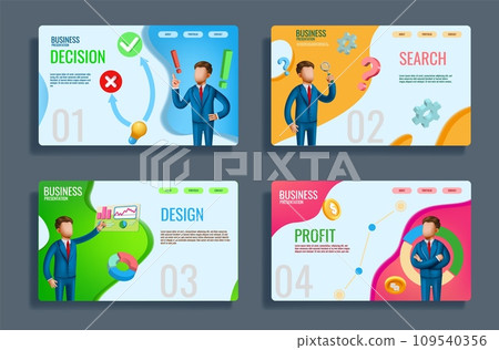 Business development landing page. Presentation infographic. Project research. Corporate slide 3D design. People making decisions. Profit planning. Website template. Vector backgrounds set Business development landing page. Presentation infographic. Project research. Corporate slide 3D design. People making decisions. Profit planning. Website template. Vector backgrounds set 109540356