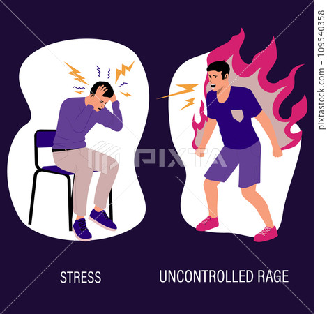Mental disorder. Psychological illness and medical problem. People suffer from stress and uncontrolled rage. Furious guy feeling anger. Frightened character. Psychiatric vector set Mental disorder. Psychological illness and medical problem. People suffer from stress and uncontrolled rage. Furious guy feeling anger. Frightened character. Psychiatric vector set 109540358
