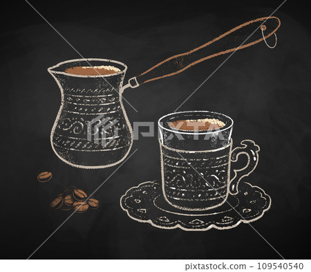 Turkish Coffee cup and Cezve on chalkboard 109540540
