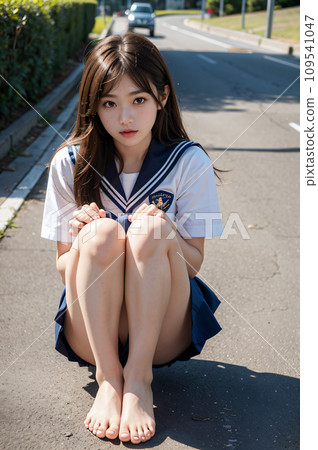 High school girl in uniform sitting barefoot on the roadside AI image AI photo 109541047