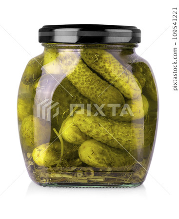 Pickled cucumbers in glass jar on a white background with clipping path 109541221