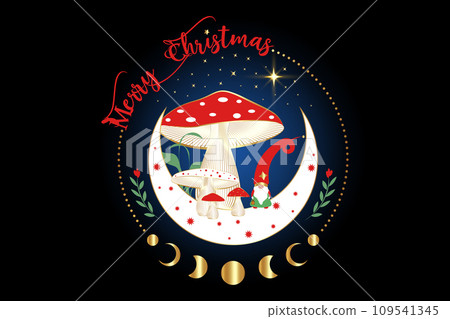 Magic Gnome in the mystical woods of mushrooms on crescent moon and stars. Christmas concept symbol, witchy esoteric fungus and moon phases. Magical Garden troll fairy tale character. Vector isolated 109541345