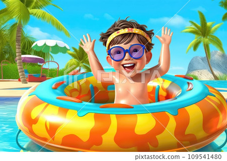AI-generated content. Happy Young Boy Enjoying Summer Vacation on Beach with Colorful Inflatable Pool Ring. AI-generated content. Happy Young Boy Enjoying Summer Vacation on Beach with Colorful Inflatable Pool Ring. 109541480
