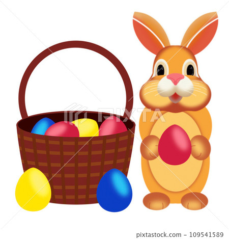 illustration of a rabbit and a wicker brown basket with Easter eggs hand-drawn on a white background illustration of a rabbit and a wicker brown basket with Easter eggs hand-drawn on a white background 109541589