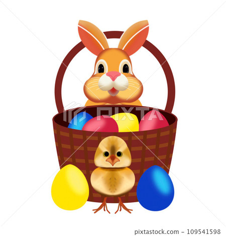 illustration of a rabbit, a chicken and a wicker brown basket with Easter eggs hand-drawn on a white background 109541598