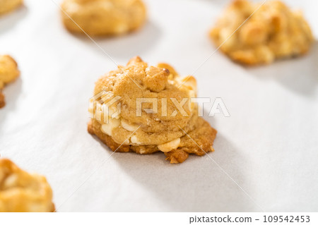 Cooling freshly baked white chocolate macadamia nut on a kitchen counter. Cooling freshly baked white chocolate macadamia nut on a kitchen counter. 109542453