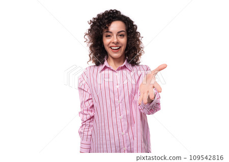 young european curly brunette woman uses gesticulation 109542816