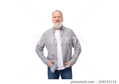 cute charming smart grandfather with a white beard and mustache is dressed in a striped shirt and 109543114
