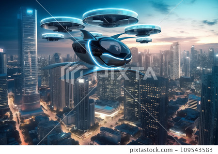 Flying car in sky. Electric air car flight above a cityscape. 109543583