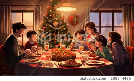 Beautiful illustration of a family celebrating Christmas at home. Art of a smiling family sitting at a served table with turkey on New years eve. Traditional catholic Christmas celebration. 109544486