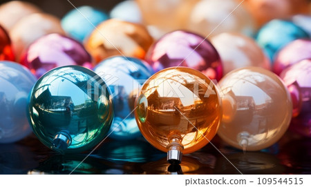 Close-up shot of Christmas bubbles. Bright Christmas bubbles macro shot. Christmas decorations concept. 109544515