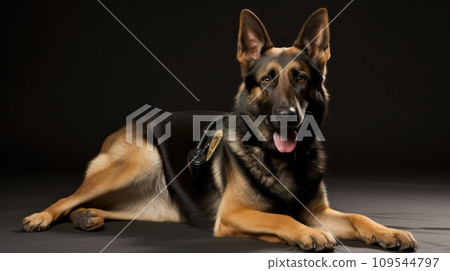 Portrait of a smart trained German shepherd on duty. K-9 Police dog closeup shot. Beautiful young dog is taken for service in the police forces. Army dog. 109544797