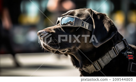 Portrait of a smart trained dog on duty. K-9 Police dog closeup shot. Beautiful young dog is taken for service in the police force. Army dog. Portrait of a smart trained dog on duty. K-9 Police dog closeup shot. Beautiful young dog is taken for service in the police force. Army dog. 109544803