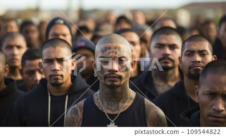 Mexican mafia members portrait. Young Latino men with tattoos. Criminals standing in a group. Gangsters looking at the camera. Group of dangerous criminal gang members. Mexican mafia members portrait. Young Latino men with tattoos. Criminals standing in a group. Gangsters looking at the camera. Group of dangerous criminal gang members. 109544822