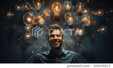 A man with bright lightbulbs above his head shows a good idea. Smiling guy with glowing light bulbs around him, the concept of bright ideas. A happy dude with a good thought in his mind. 109544823