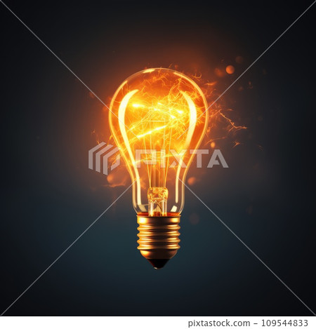 Yellow lightbulb closeup. 3D render of a light bulb that illuminates with warm light. Idea concept. The symbol for a new bright idea. Conceptual render of a lamp with a custom design and vivid light. 109544833