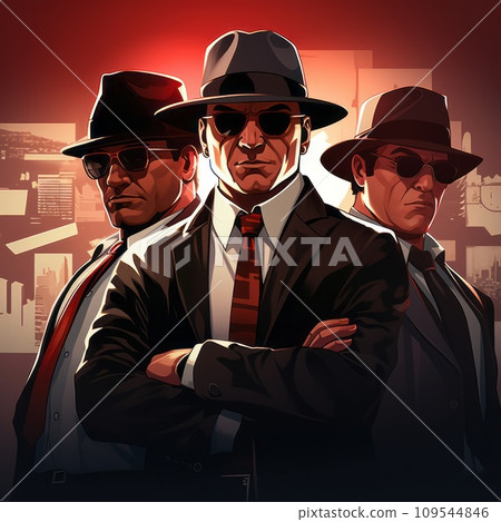 Mafia in suits illustration on a dark background. Art of a group of criminals in hats. Rich mafia members painting. Italian mafia people are standing on a dark background. 109544846