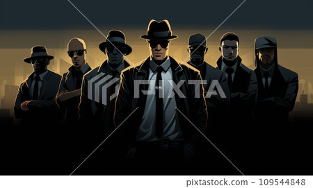 Mafia in suits illustration on a dark background. Art of a group of criminals in hats. Rich mafia members painting. Italian mafia people are standing on a dark background. 109544848