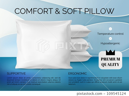 Pillow ad banner. Comfortable 3D cushions heap. Sleep comfort. Soft hypoallergenic bedding. Bedroom relaxation. Ergonomic accessory. Premium quality. Cotton pillowcase. Vector advertising background 109545124