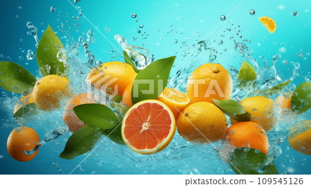 Fresh citrus fruits with water splash on blue background. Healthy food concept. Water splash with citrus fruits on blue background. 3d illustration. AI generated image. 109545126