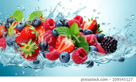 Falling strawberries and blackberries in water splashes on blue background.  Fresh fruits with water splash on blue background. Healthy food concept. Fresh berries in water splash.  AI generated. 109545127