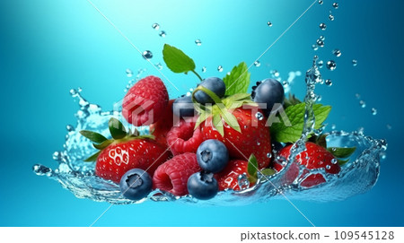 Falling strawberries and blackberries in water splashes on blue background.  Fresh fruits with water splash on blue background. Healthy food concept. Fresh berries in water splash.  AI generated. 109545128