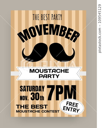 Moustache party invitation. Movember card. Prostate cancer awareness. Beard contest. November event. Male mustache holiday. Entertainment announcement poster. Vector inviting poster design template 109545129