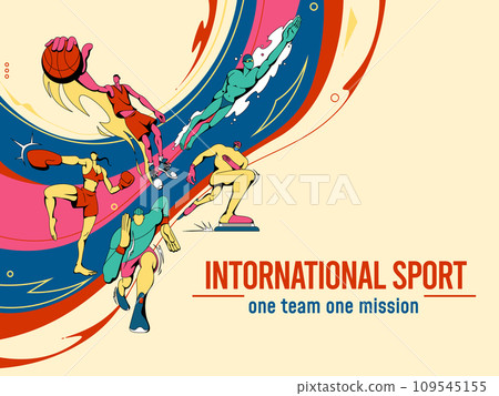 International sport day poster design. Athletes team. Basketball and football games. Soccer national league. Skater and sprinter. Woman boxing tournament. Man swimmer. Vector background playground International sport day poster design. Athletes team. Basketball and football games. Soccer national league. Skater and sprinter. Woman boxing tournament. Man swimmer. Vector background playground 109545155