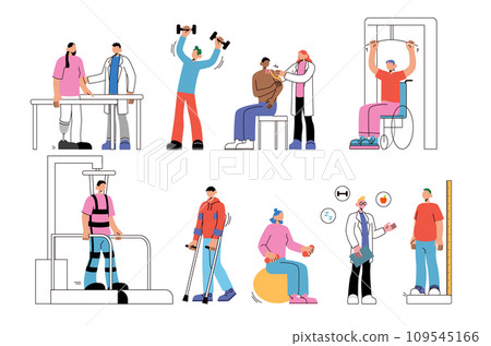 Physiotherapy rehabilitation. Medical rehab. Disabled people treatment. Patients recovery. Physical therapist helping injured persons with orthopedic exercises. Hospital equipment. Vector clinic set Physiotherapy rehabilitation. Medical rehab. Disabled people treatment. Patients recovery. Physical therapist helping injured persons with orthopedic exercises. Hospital equipment. Vector clinic set 109545166
