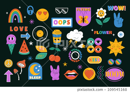 Seamless 90s icon. Fashionable funny pattern in retro 80s style for girl. Positive motivational groovy isolated elements. Modern sun, coffee and rainbow. Vector cool textile garish sticker collection 109545168