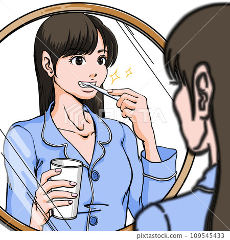 穿著睡衣的年輕女子站在水槽前刷牙_白牙 109545433