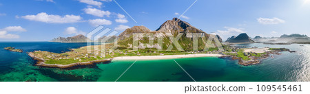 Drone panorama of Jusnesvika Bay, Rambergstranda, Flakstadoya, Lofoten 109545461