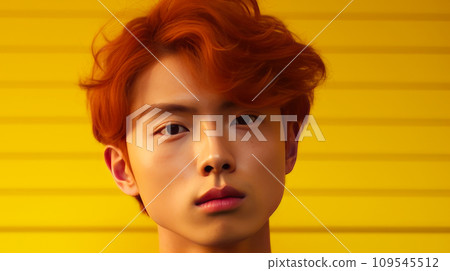 Elegant handsome young male Asian guy with short red hair, on a yellow background, banner, Elegant handsome young male Asian guy with short red hair, on a yellow background, banner, 109545512