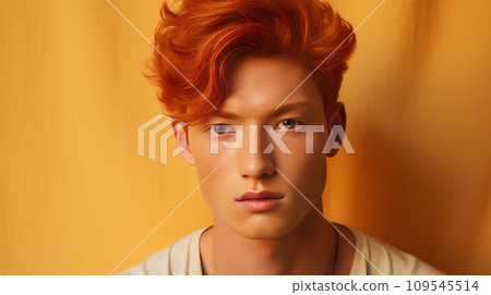 Elegant handsome young male Asian guy with short red hair, on a creamy beige background, banner Elegant handsome young male Asian guy with short red hair, on a creamy beige background, banner 109545514