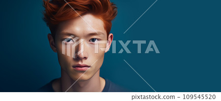 Elegant handsome young male Asian guy with short red hair, on a dark blue background, banner, Elegant handsome young male Asian guy with short red hair, on a dark blue background, banner, 109545520