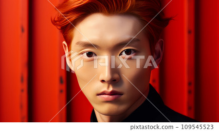 Elegant handsome young male Asian guy with short red hair, on a red background, banner, 109545523