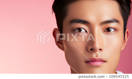 Elegant handsome young male guy Asian, on pink background, banner, copy space, portrait. 109545525