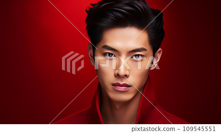 Elegant handsome young male guy Asian, on red background, banner, copy space, portrait. Elegant handsome young male guy Asian, on red background, banner, copy space, portrait. 109545551