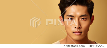 Elegant handsome young male guy Asian, on creamy beige background, banner, copy space, portrait. 109545552