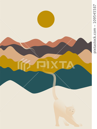 Landscape with river, sunrise, cat. Aesthetic trendy mid century modern poster. Landscape with river, sunrise, cat. Aesthetic trendy mid century modern poster. 109545587