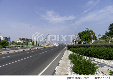 Qatar, Doha, Road leading to the corniche in front of the Qatar National Museum Qatar, Doha, Road leading to the corniche in front of the Qatar National Museum 109545831