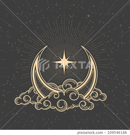 Mystic half-moon on clouds and guiding pole star, magic crescent in tarot style  109546186