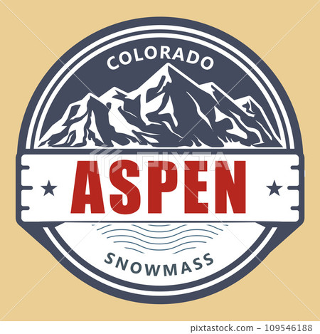 Aspen label, snowmass village in Colorado emblem, winter ski resort stamp, Aspen emblem with snow covered mountains 109546188