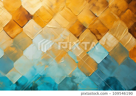 Three-dimensional oil painting abstract background banner) A design using gold, brown, and blue-green squares. AI generated image 109546190