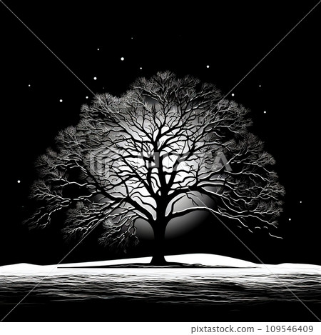 Winter landscape with tree and moon on black background. A lonely tree against the background of the moon and the night sky. 109546409