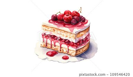 Watercolor illustration of a cake with cherries on a white background. Watercolor illustration of a cake with cherries on a white background. 109546420